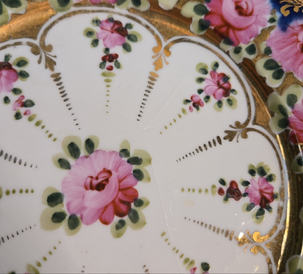 Japanese Antique Floral Decorative Blue And White Plate with Gold Accents - Picture 5 of 8